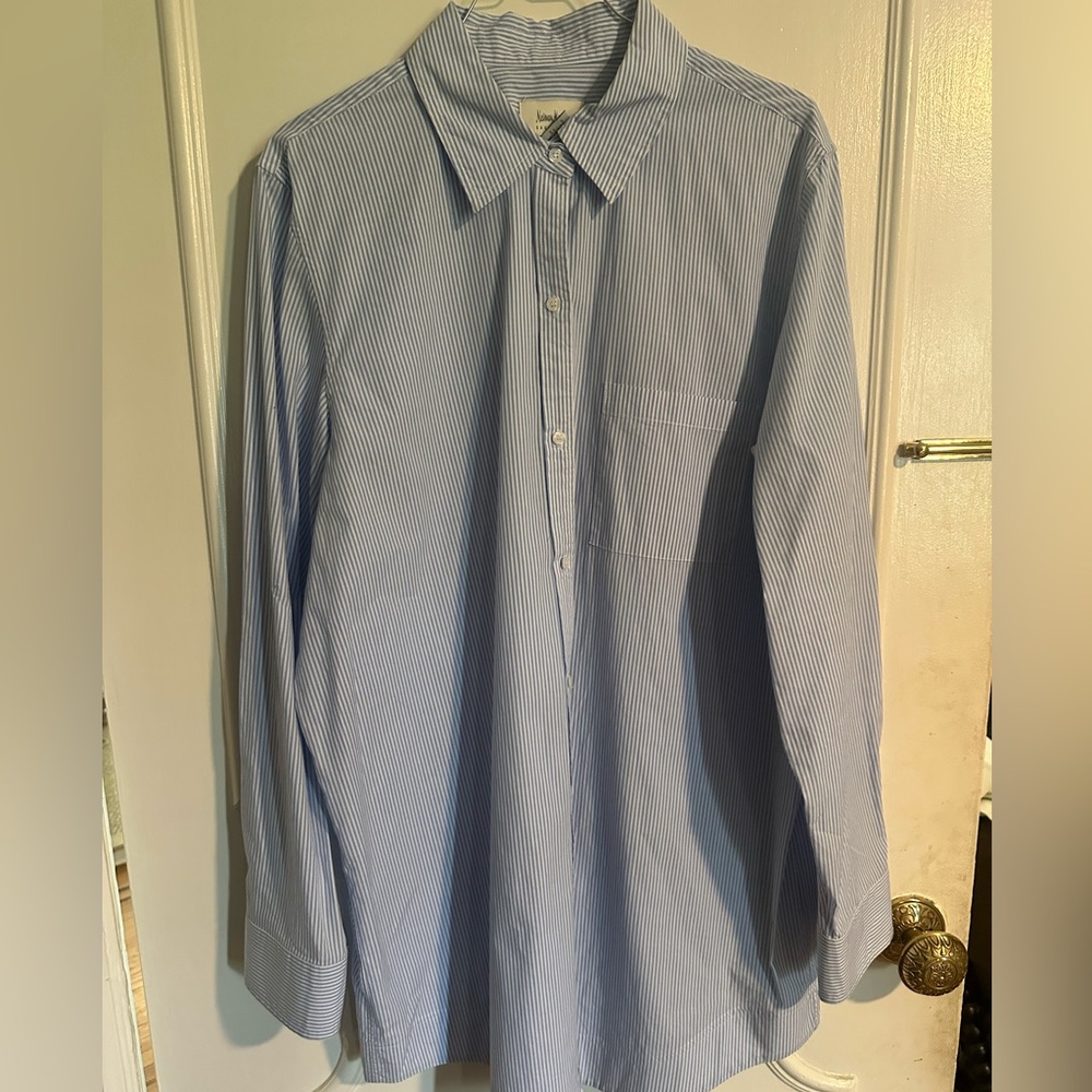 Neiman Marcus Light Blue white striped Button Down Long Blouse/Tunic